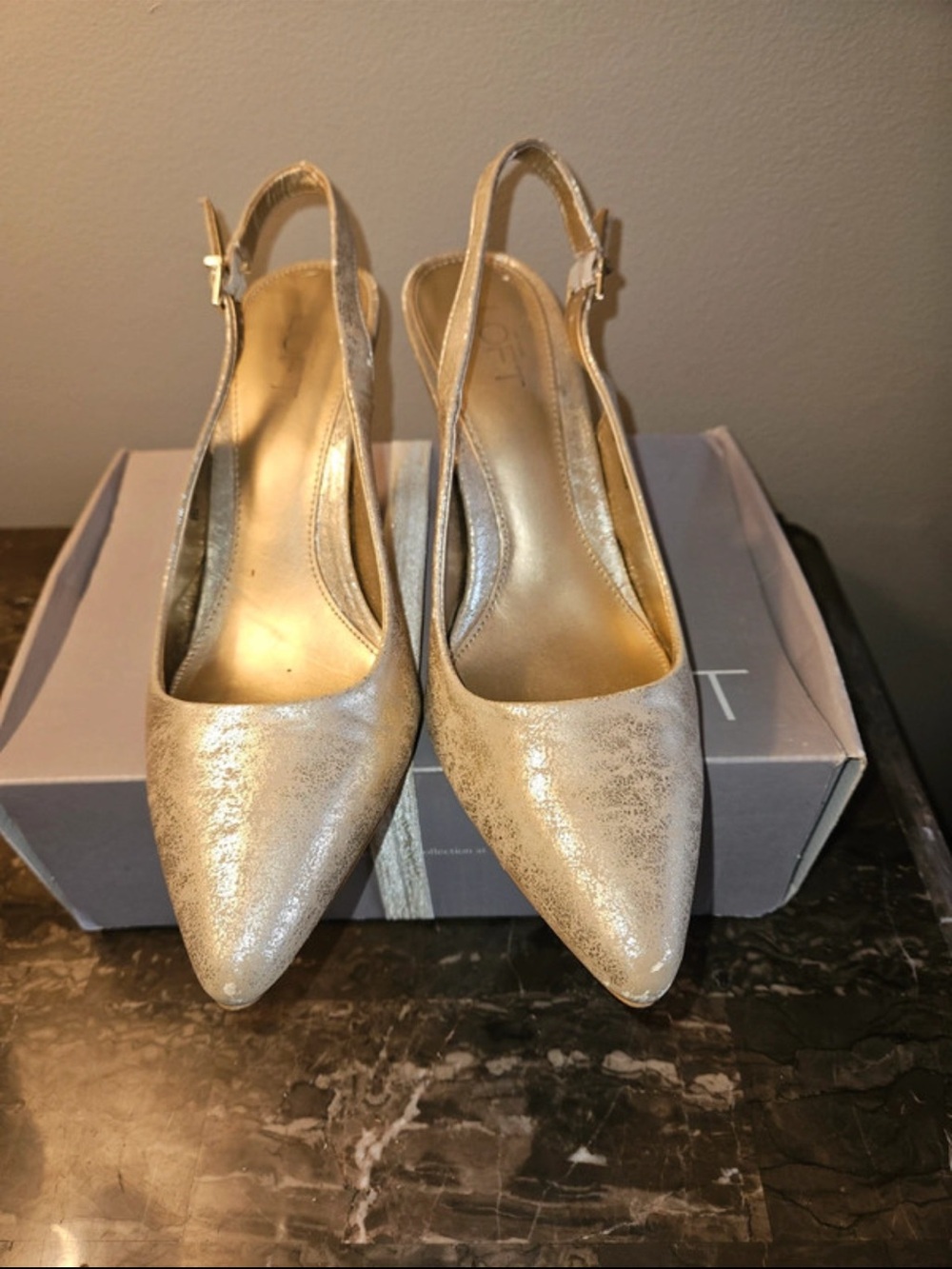 Ann Taylor Metallic Gold Slingback Pointed Toe Heels